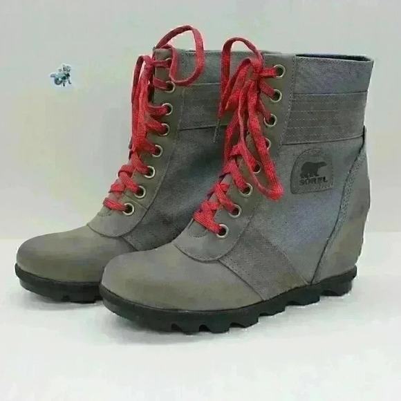 Sorel Lexie Women's Gray Leather Lace Up Wedge Boots Size US 10